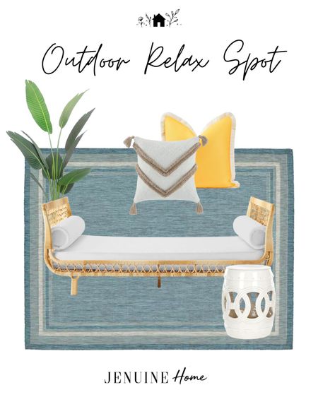 Outdoor relax spot. Outdoor lounge. Serena and Lily chaise lounge. Boho outdoor. Teal coastal rug. Metal outdoor side table.  White side table. Serena and Lily white side table. Faux bird of paradise plant. Yellow outdoor throw pillow. Chevron tassel throw pillow  