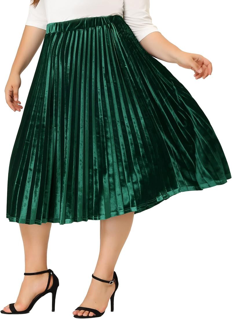 Agnes Orinda Plus Size Velvet Skirt for Women Elastic Waist Metallic Accordion Midi Pleated Skirt... | Amazon (US)