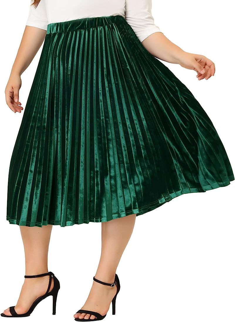 Agnes Orinda Plus Size Velvet Skirt for Women Elastic Waist Metallic Accordion Midi Pleated Skirt... | Amazon (US)