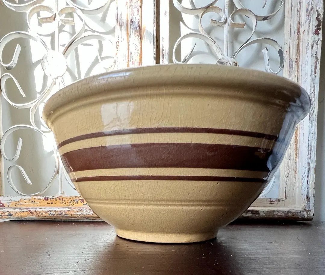Yellow Ware Mixing Bowl, Yellow Ware, Stoneware ,brown Bands, Rolled Edge - Etsy | Etsy (US)