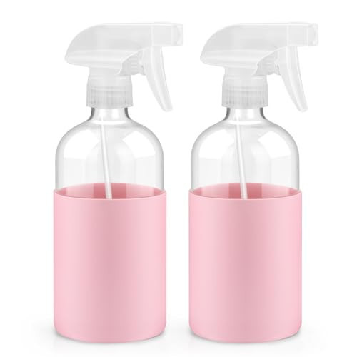 Worldgsb 2 Pack Glass Spray Bottles with Long Silicone Sleeve, 16 oz Empty Refillable Containers with Adjustable Spray Nozzles, Spray Bottles for Hair, Cleaning Solutions and Plants Pink | Amazon (US)