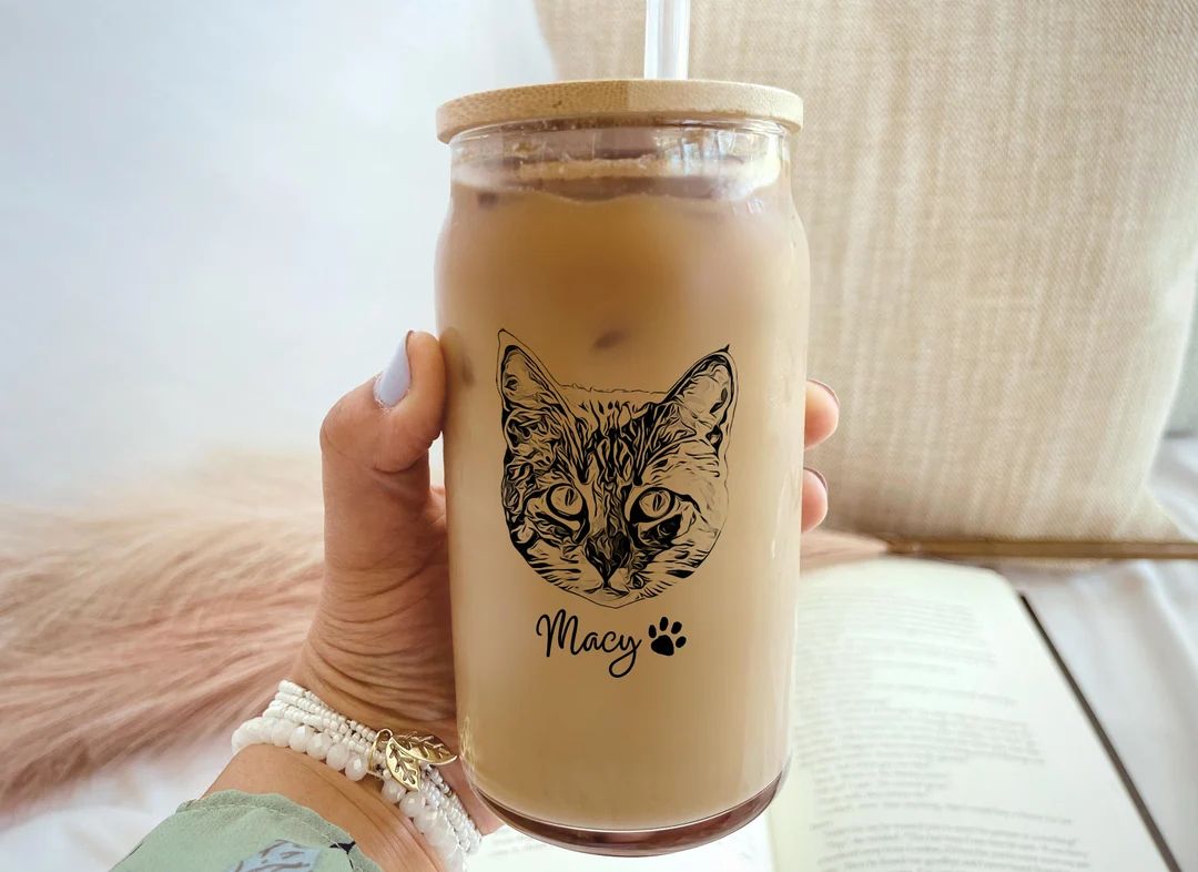 Custom Cat Beer Can Glass With Bamboo Lid Cat Mom Glass Mug - Etsy | Etsy (US)
