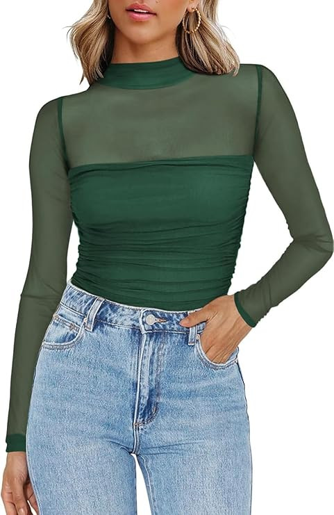 Zeagoo Womens Mesh Sheer Long Sleeve Top Mock Turtle Neck See Though Shirts Ruched Sexy Casual Go... | Amazon (US)
