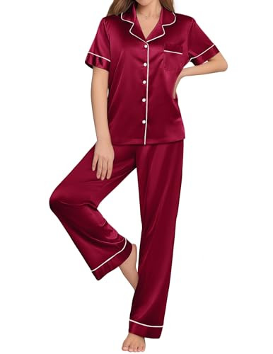 Ekouaer Women'S Silk Pajama Set Button Up Satin Pjs Set Short Sleeve Button Down Pjs Red Chrismas Pajamas Plus Size | Amazon (US)