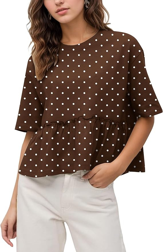 Women Summer Short Sleeve T-Shirts Oversized Dressy Casual Work Blouses Cropped Cute Ruffle Babyd... | Amazon (US)