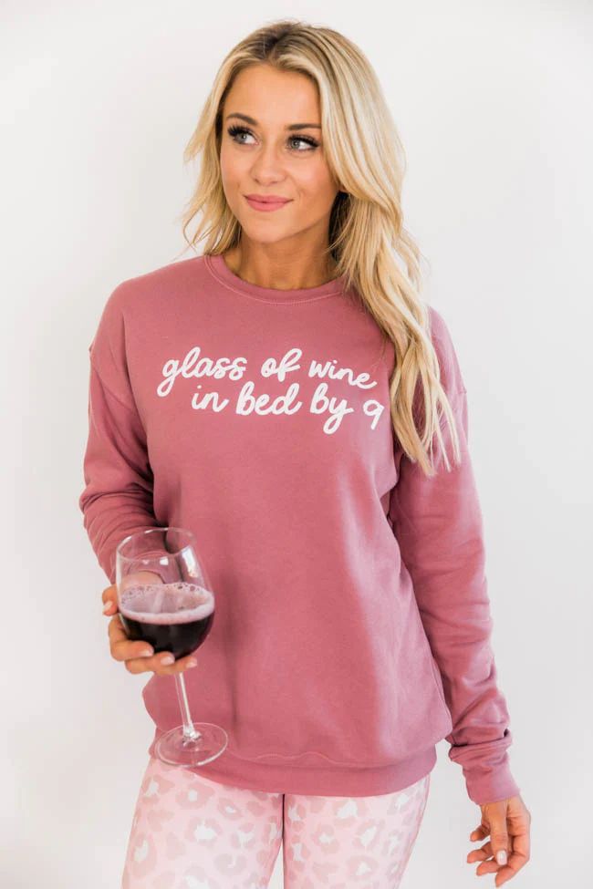 Glass Of Wine In Bed By Nine Mauve Graphic Sweatshirt | Pink Lily