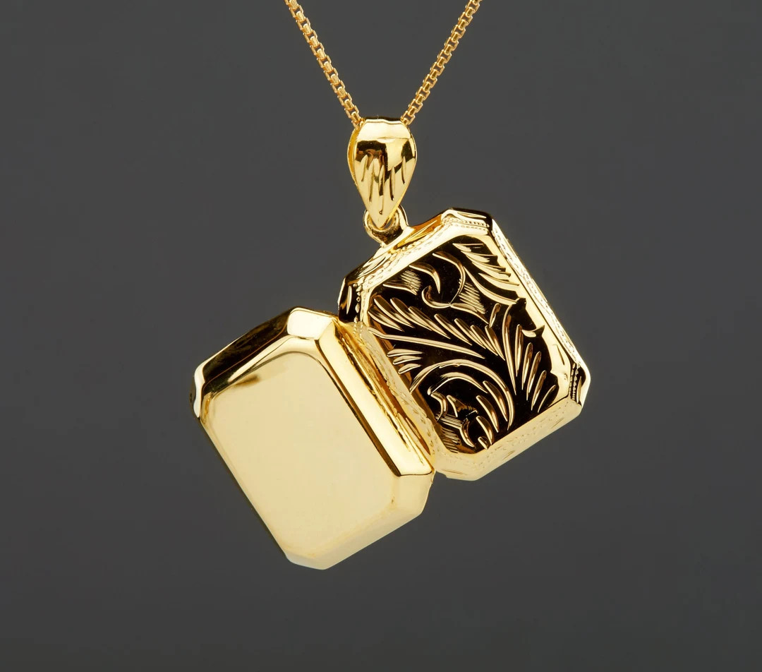 Gold Vermeil Rectangle Box Locket With Photo,custom Engrave,victorian Style Etched Palm Pattern,r... | Etsy (US)