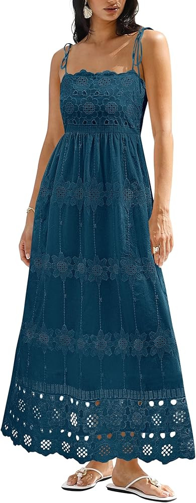 dowerme Womens Spaghetti Strap Eyelet Cotton Boho Maxi Dress | Amazon (US)