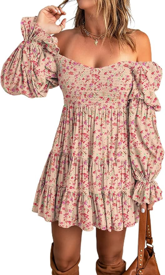 Dokotoo Womens 2024 Summer Spring Elegant Off The Shoulder V Neck Long Sleeve Ruffle Flowy Mini S... | Amazon (US)