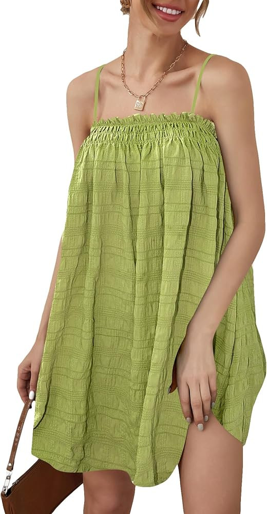 OYOANGLE Women's Spaghetti Straps Sleeveless Loose Ruffle A Line Cami Short Dress with Pocket | Amazon (US)