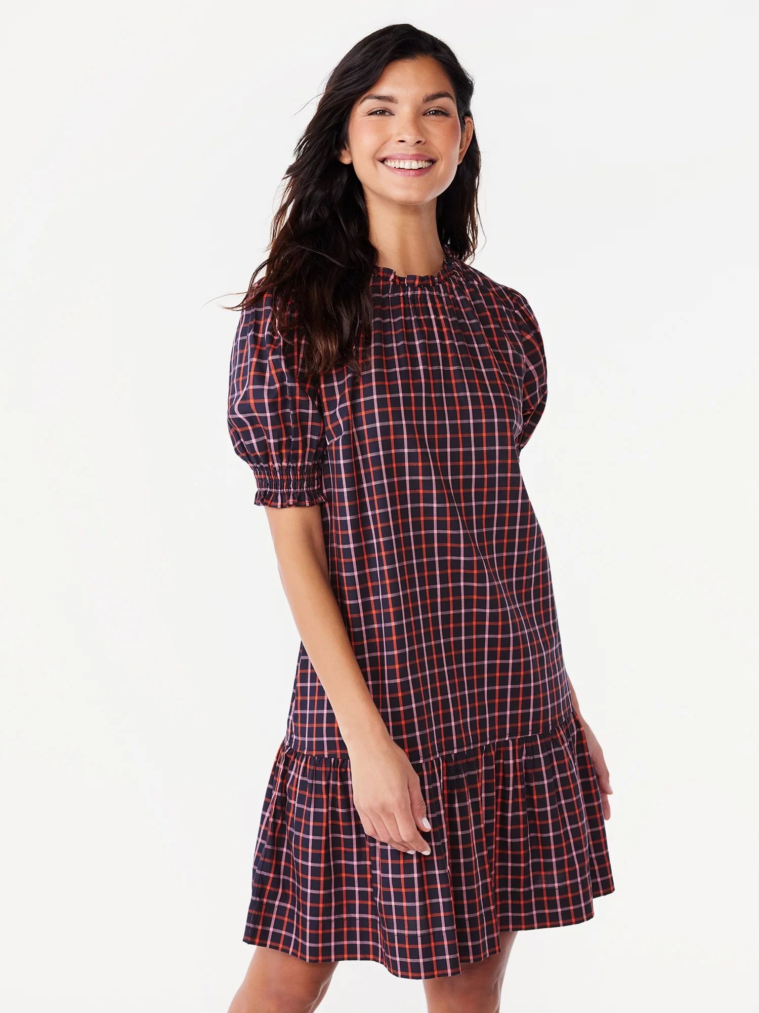 Free Assembly Women's Ruffle Neck Mini Dress with Short Sleeves, Sizes XS-XXL | Walmart (US)