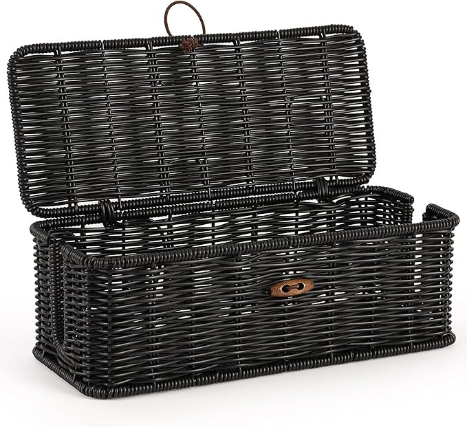 Cable Management Box, Handwoven Faux Rattan Cord Organizer Box with Lid, 2 Open Slots Cable Organ... | Amazon (US)