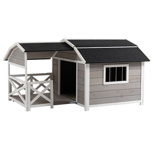 PawHut Outdoor Wooden Dog House Cabin Style, Weatherproof Raised Pet Kennel with Asphalt Roof, Fr... | Target