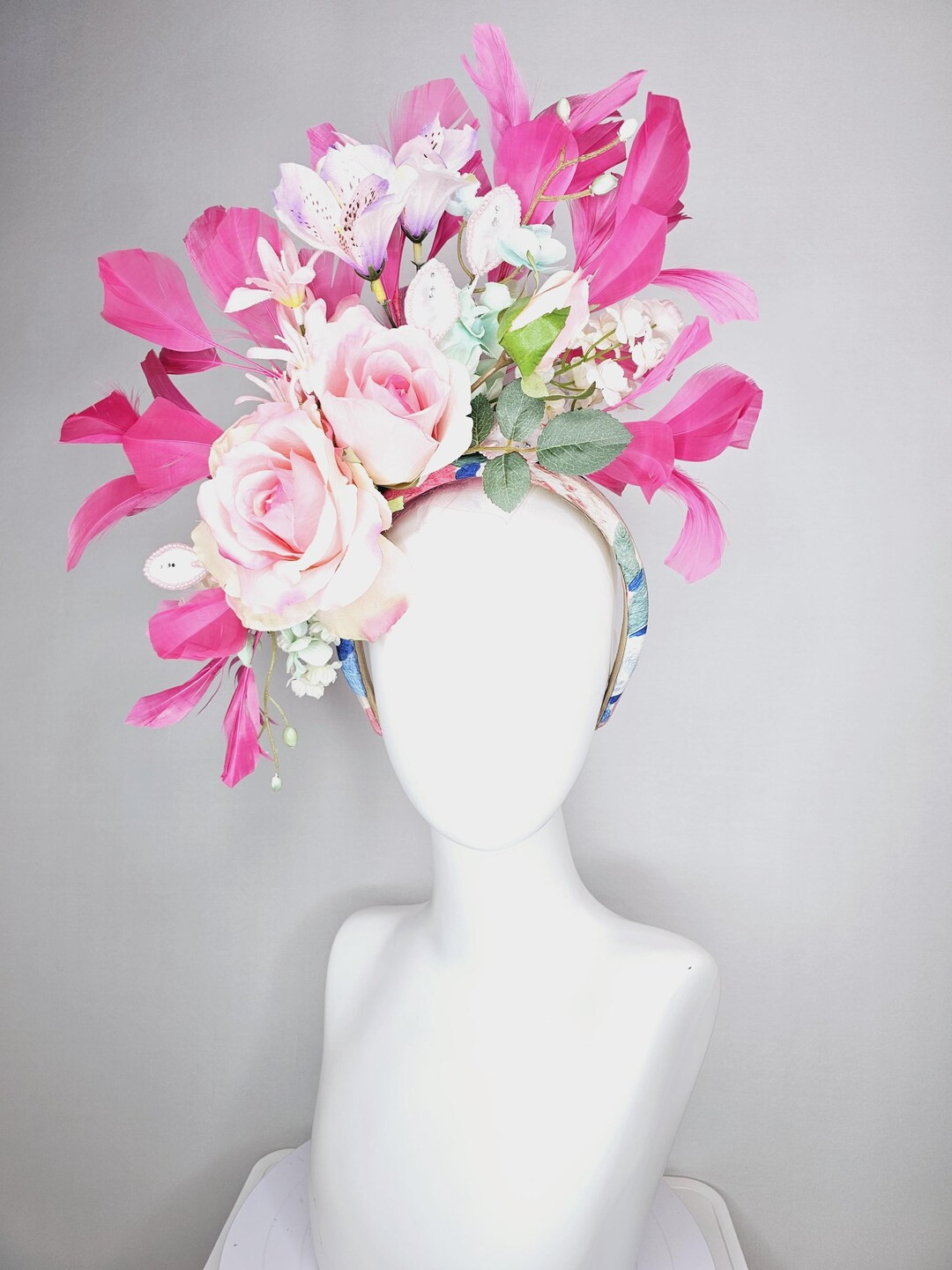 kentucky derby hat fascinator headband ombre pink rose white royal blue baby blue satin flowers w... | Etsy (US)