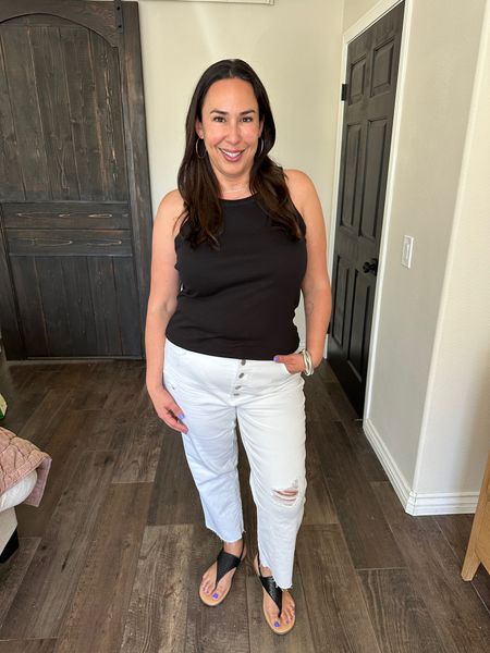 #walmartpartner I am loving the high neck and the ribbed detail of this tank top! These white jeans are not see through!  I'm a size 14 and I'm wearing an XL in this tank. For the jeans, I sized up to a 16. #walmartfashion @walmartfashion

#LTKFindsUnder50 #LTKSeasonal #LTKStyleTip