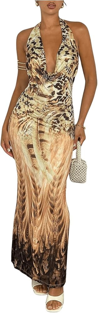 WDIRARA Women's Deep Cowl Neck Halter Dress Sleeveless Tie Backless Bodycon Animal Print Maxi Dre... | Amazon (US)