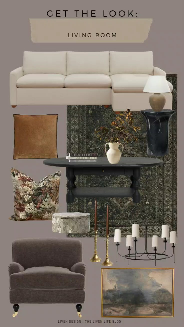 Moody and classic living room. Get the look. Traditional modern. Home decor. Velvet pillow. Mango home. McGee and Co. Traditional vintage rug. Joon loloi rug. Sectional. Black coffee table. Ceramic earthy lamp. Coffee table decor. Botanical Tapestry pillow. Velvet accent chair. Chandelier. Moody landscape art. Marble box. Marble side table

#LTKSeasonal #LTKHome #LTKSaleAlert