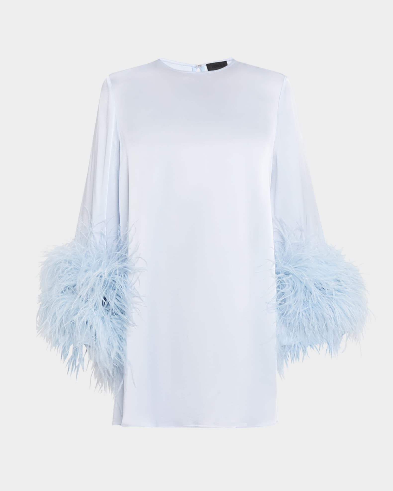 Feather-Trim Long-Sleeve Satin Mini Shift Dress | Neiman Marcus