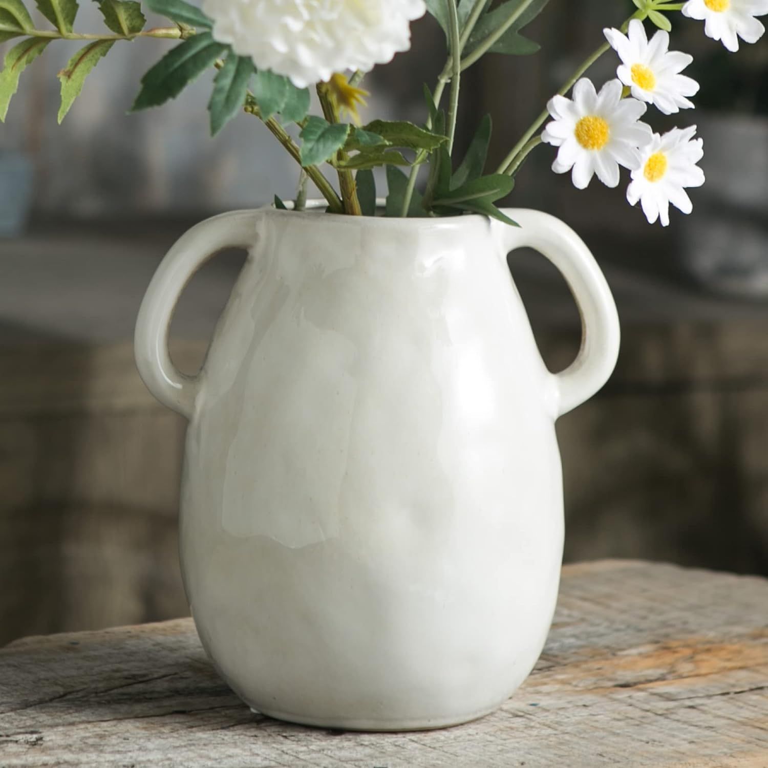 White Ceramic Vase with 2 Handles, Modern Farmhouse Vase for Home Decor, Rustic Terracotta Vase, ... | Amazon (US)