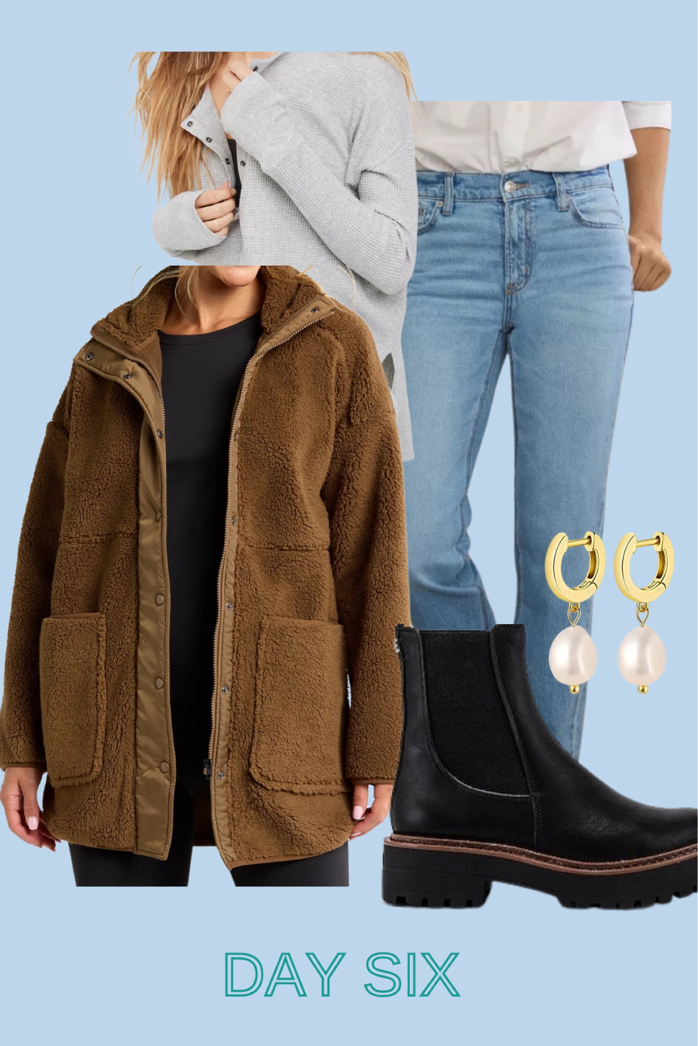 Nordstrom zella brown sherpa jacket, 50% off grey American eagle henley, american straight jeans, Sam Edelman chelsea boots, amazon pack of 9 earrings

#LTKSaleAlert #LTKFindsUnder100 #LTKShoeCrush