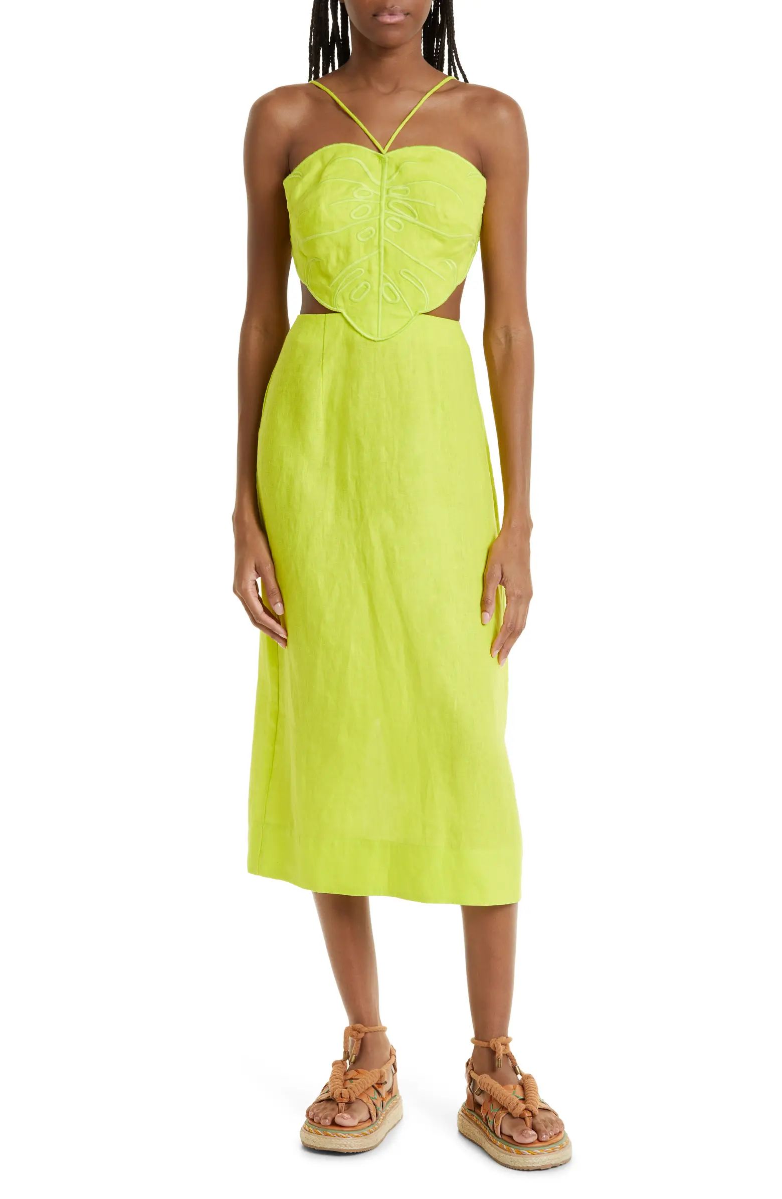 Mostera Embroidered Cutout Linen Blend Midi Dress | Nordstrom