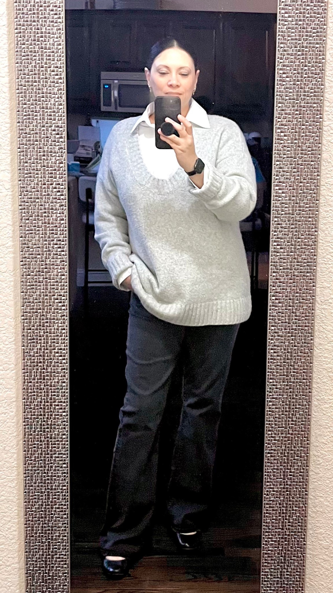 Comfy cold weather layers for work. It’s so dark in the mornings so my mirror selfies are suffering but I wanted to show this sweater with the crisp white shirt underneath.

#LTKMidsize #LTKWorkwear #LTKOver40