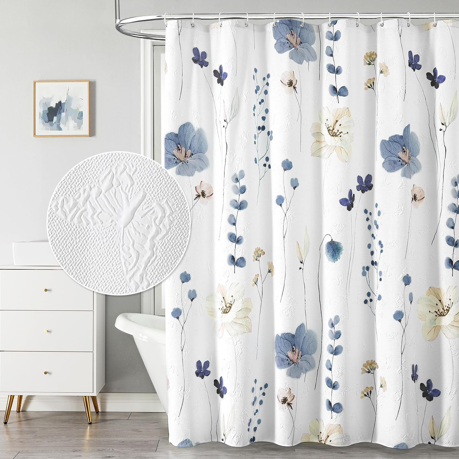 QiyI Watercolor Floral Shower Curtain, 3D Embossed Butterflies, Grey Beige Flower, Minimalist Whi... | Amazon (US)