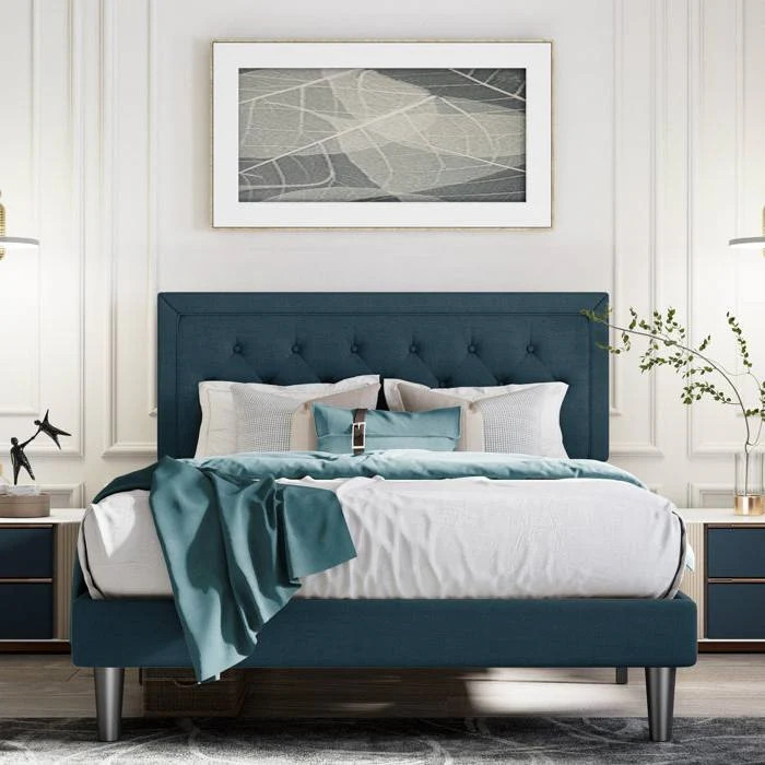 King Adjustable Height Platform Bed Frame with Blue Upholstered Headboard | Shop Simon
