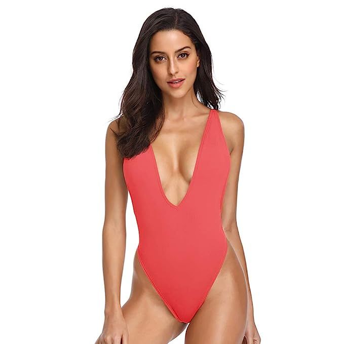 Dixperfect Women's Sexy Deep V-Neck One Piece Bathing Suit Plunge Side Scoop Swimsuit Monokini | Amazon (US)