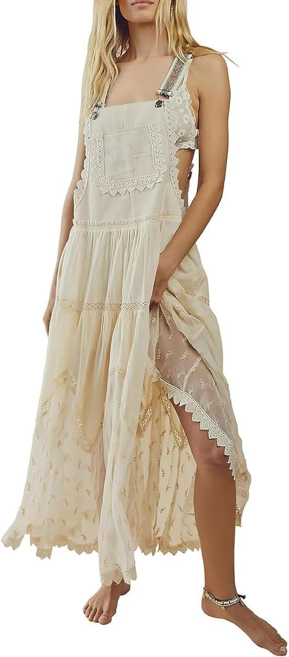 chouyatou Women's Lace Embroidered Tiered Maxi Dress Casual Suspender Strap Bib Overall Jumper Dr... | Amazon (US)