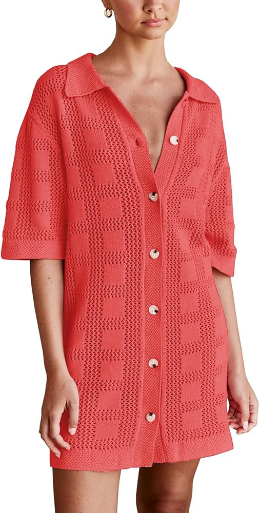 Lumister Summer Knit Shirt Dress for Women Crochet Button Front Shirt Dress Cover Up Bathing Suit... | Amazon (US)