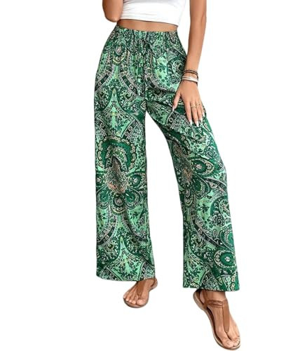 HANDAFA Paisley Flowy Flared Pants for Women Floral Print Pleated Elastic Waist Wide Leg Lounge Pants(Green,S) | Amazon (US)