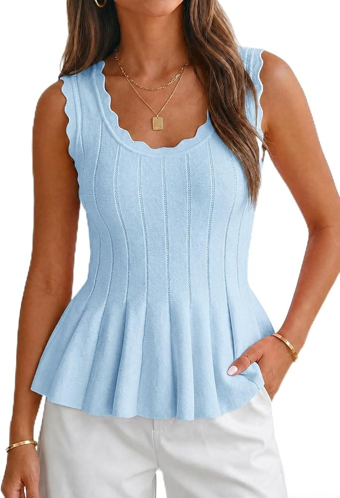 Cicy Bell Womens Pleated Peplum Tank Tops Fitted Ribbed Knit Crew Neck Blouses Summer Sweater Ves... | Amazon (US)