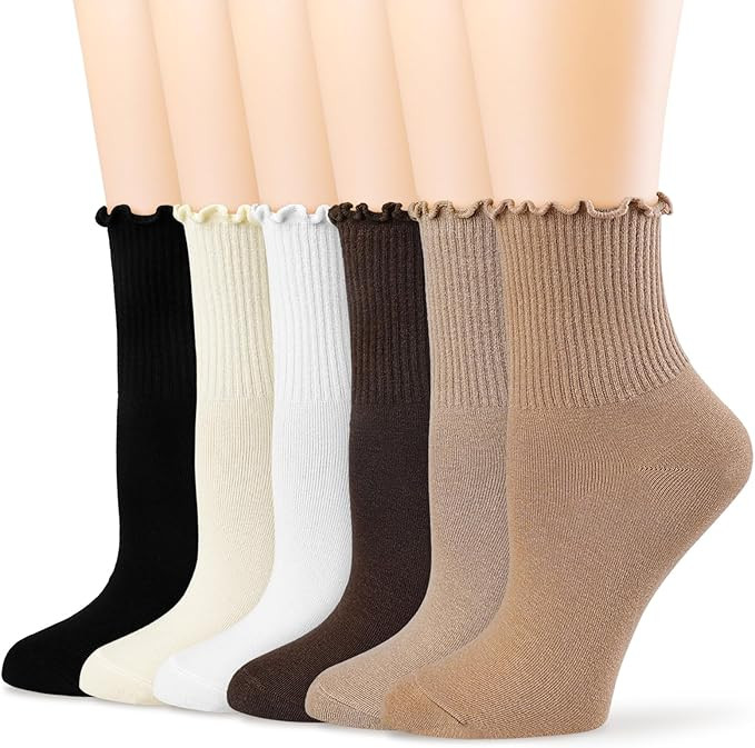 BIVOLU Womens Ankle Socks Ruffle Cotton Cute Frilly Trim Breathable Crew Ruffled Socks 6 Pack | Amazon (US)