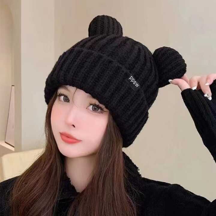 Black Winter Beanie Hat With Bear Ears For Cold Weather | SHEIN