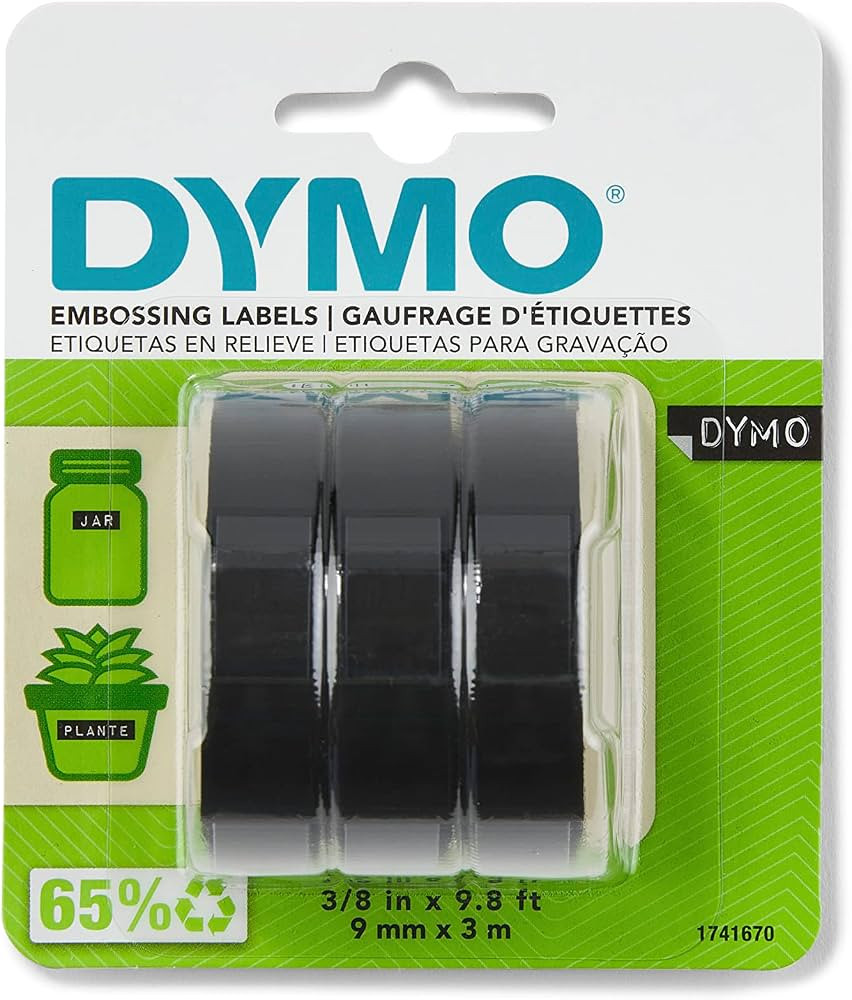 DYMO Self-Adhesive Embossing Labels, White Print on Black Tape, 3/8" x 9.8-Foot Rolls, 3 Pack | Amazon (CA)