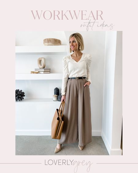 Neutral workwear outfit idea! Loverly Grey is wearing an XS in the top and wide leg pants! 

#LTKworkwear #LTKstyletip #LTKunder100