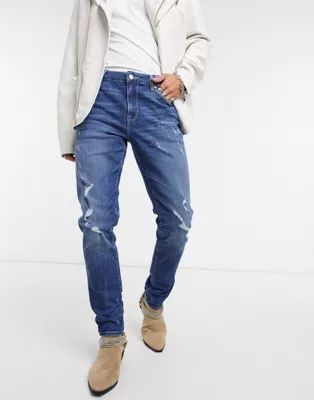 ASOS DESIGN 12.5oz skinny jeans in vintage dark blue tint with rips | ASOS (Global)