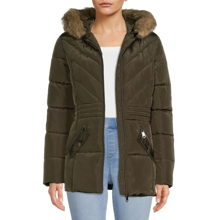Big Chill Women's Quilted Puffer Jacket with Faux Fur Trim Hood - Walmart.com | Walmart (US)