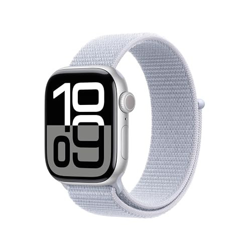 Apple Watch Series 10 [GPS 42mm case] Smartwatch with Silver Aluminum Case with Blue Cloud Sport Loop. Fitness Tracker, ECG App, Always-On Retina Display, Carbon Neutral | Amazon (US)