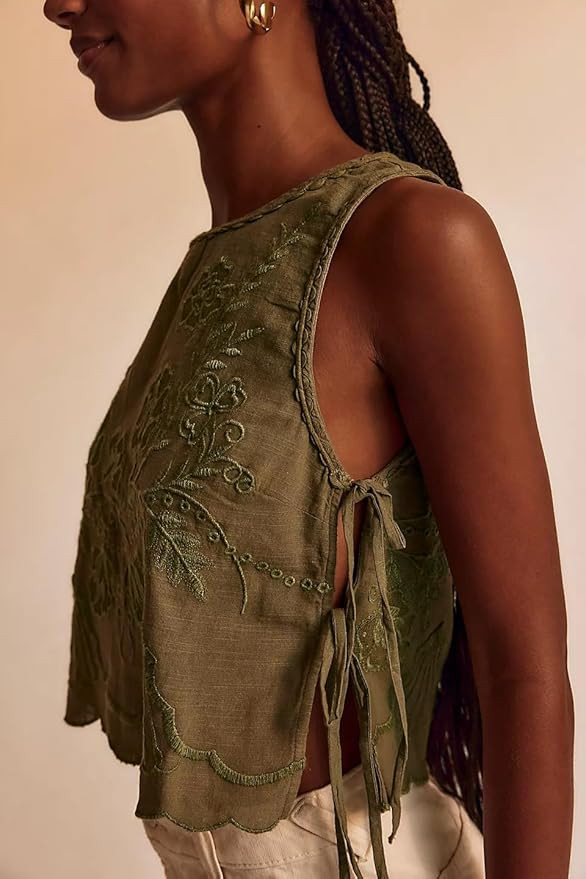 Flower Embroidered Tank Tops Y2k Women Side Tie Up Babydoll Shirts Sleeveless Going Out Cropped S... | Amazon (US)