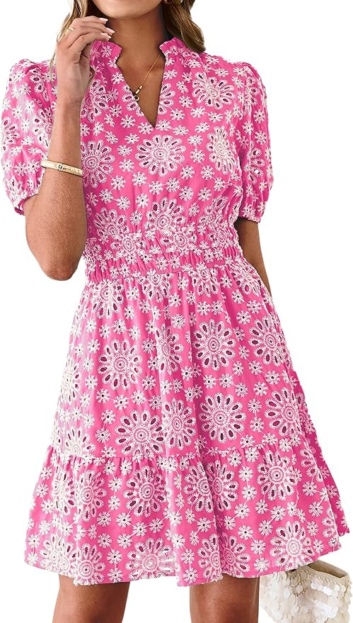 BerryGo Womens Summer Eyelet Mini Dress Beach Casual Embroidery Lace Puff Short Sleeve V Neck Boh... | Amazon (US)