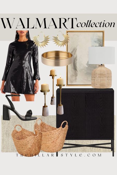 Walmart Collection: Modern & Neutral home decor and fashion finds from Walmart. Black reeded cabinet, neutral runner, framed abstract art, rattan lamp, basket set, woven basket, sequined black dress, holiday dress, LBD, black heels, gold statement earrings, brass and marble candler holders, brass tray.

#LTKSeasonal #LTKstyletip #LTKhome