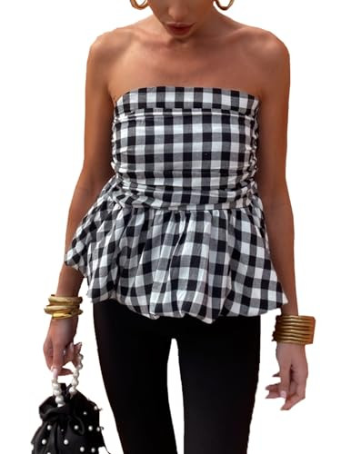 Women Y2k Peplum Tube top Strapless Bubble Bandeau Top Ruffle Hem Flowy Aesthetic Summer Going Ou... | Amazon (US)