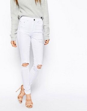 ASOS Ridley Skinny Jeans in White with Thigh Rip And Busted Knees | ASOS UK