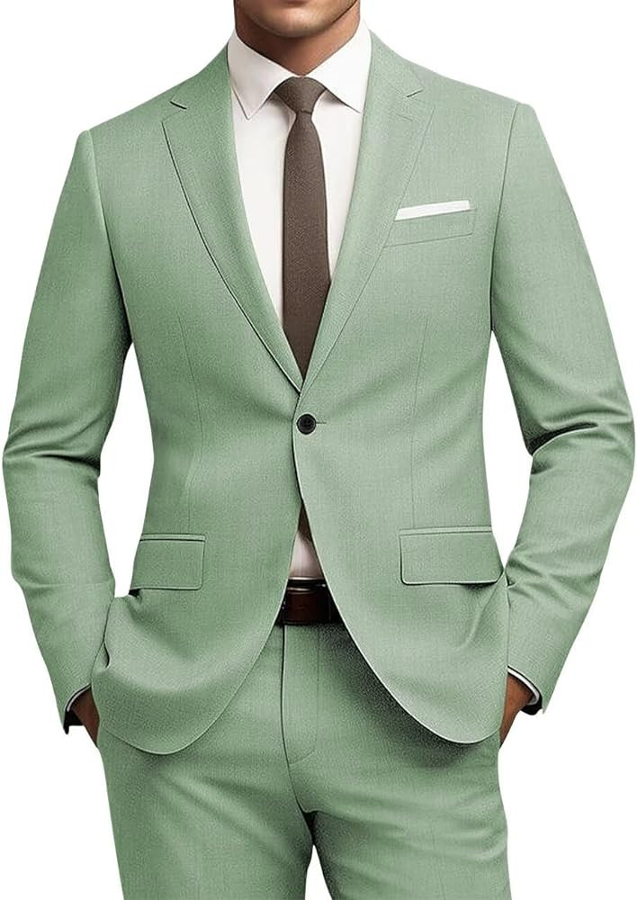Mens Slim Fit 2 Piece Suit 1 Button Soild Jacket Pants Set Wedding Prom Dress Suit | Amazon (US)