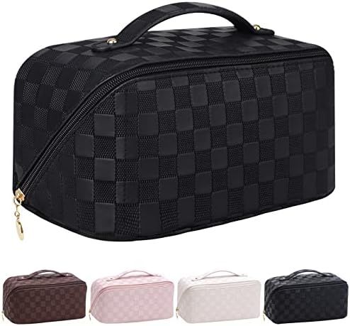 ZAUKNYA Makeup Bag - Large Capacity Travel Cosmetic Bag, Portable Leather Waterproof Women Travel... | Amazon (US)