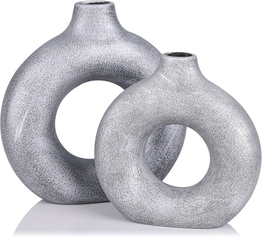 Ceramic Hollow Silver Circle Vase Set of 2- Silver Vases for Home Decor, Modern Hollow Circle Cer... | Amazon (US)