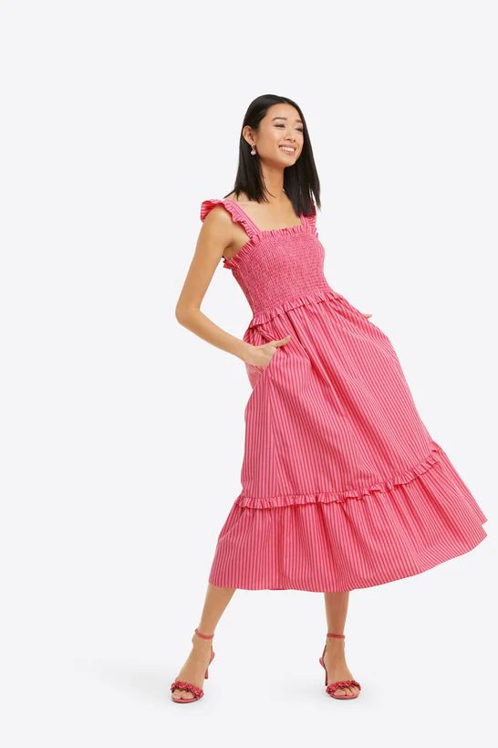 Kimberly Smocked Midi Dress in Pink Stripe | Draper James (US)