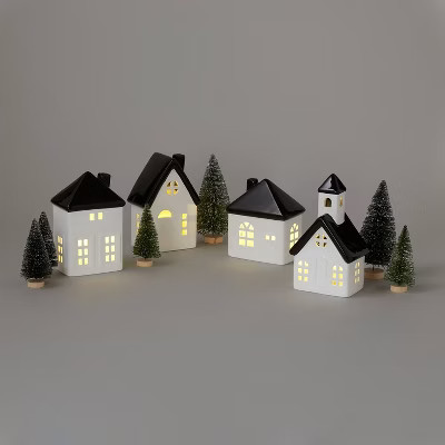 10pc Battery Operated Decorative Ceramic Christmas Village Kit White/Black with Green Trees - Won... | Target